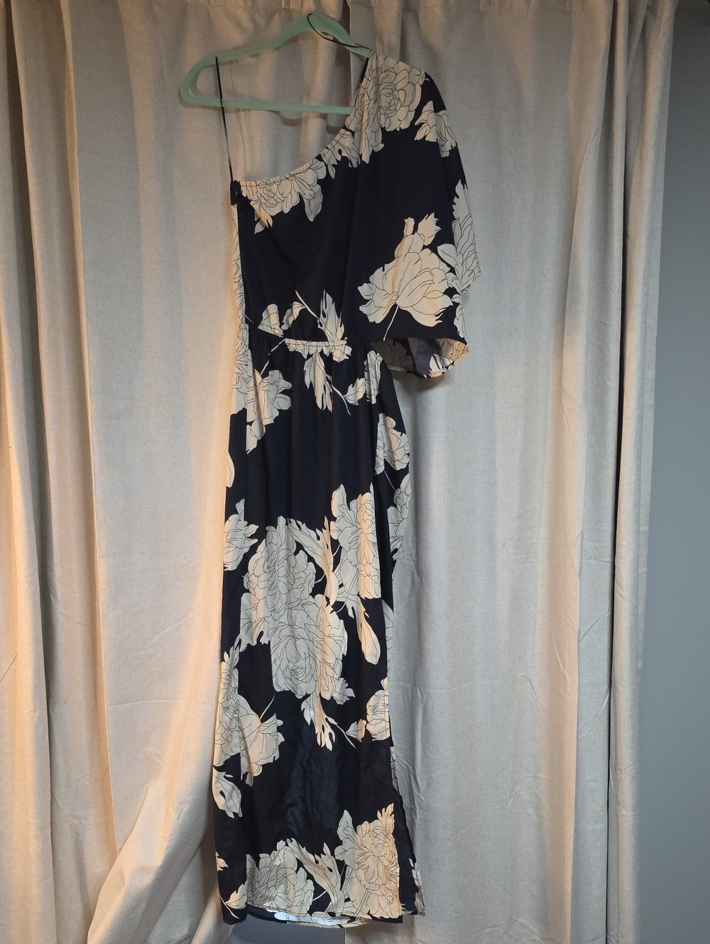 Baltic Born Halston One-Shoulder Navy Dress with Cream Floral Print,Side Cut Out